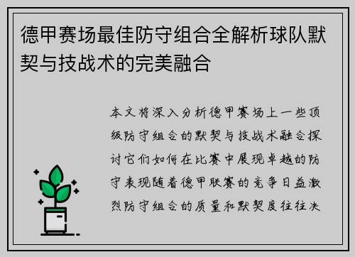 德甲赛场最佳防守组合全解析球队默契与技战术的完美融合