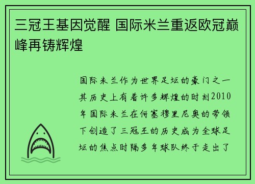三冠王基因觉醒 国际米兰重返欧冠巅峰再铸辉煌