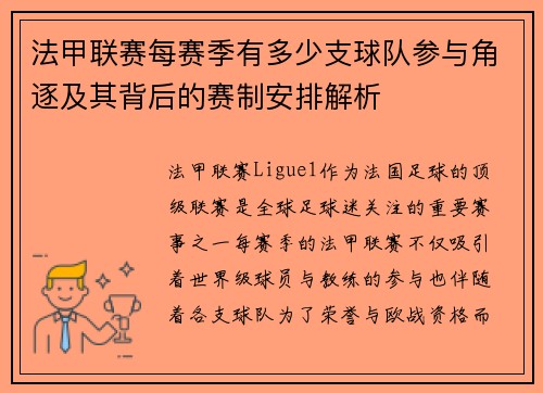 法甲联赛每赛季有多少支球队参与角逐及其背后的赛制安排解析