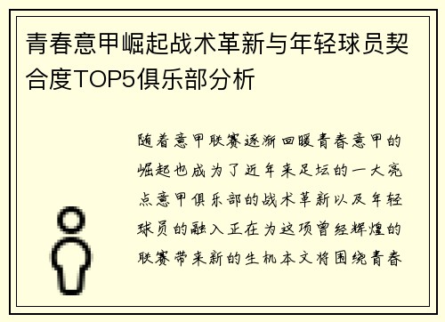青春意甲崛起战术革新与年轻球员契合度TOP5俱乐部分析